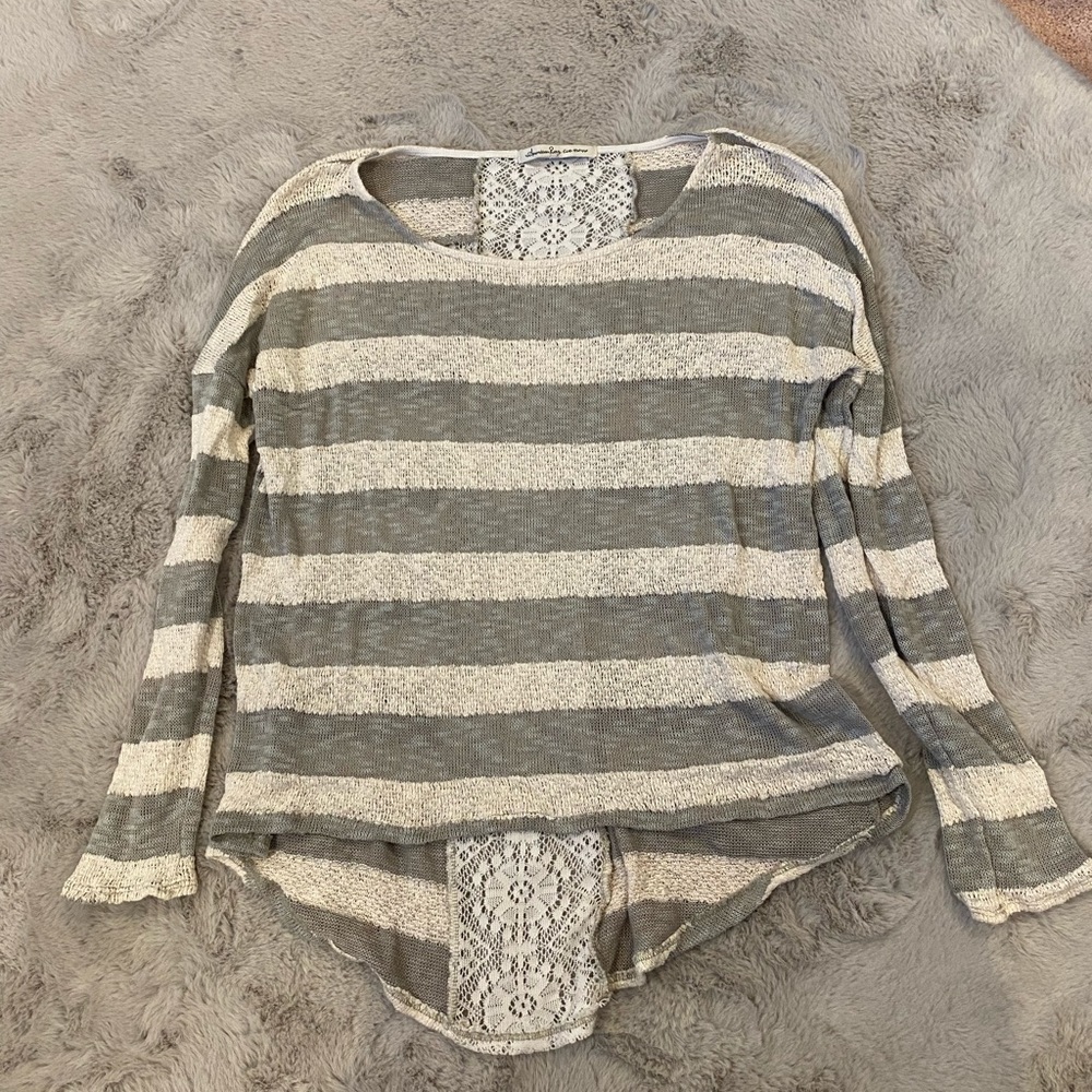 Gray and white striped sweater with lace back